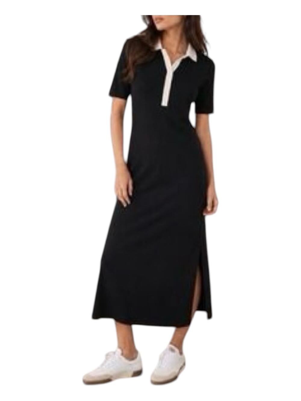 AYR The Scout Short Sleeve Polo Midi Shirt Dress Pima Cotton Black & Ivory Large